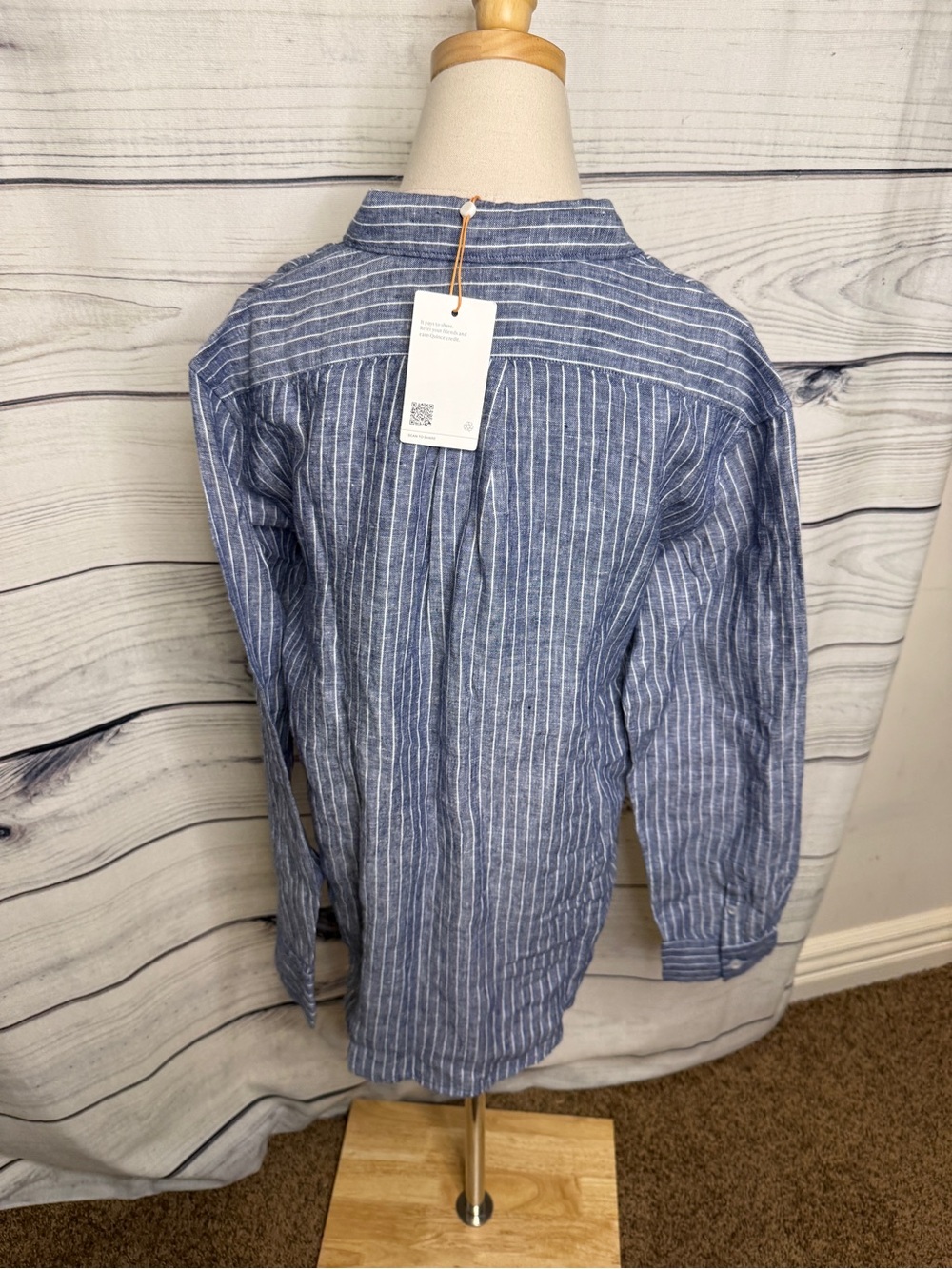 Quince Linen Blue and White Vertical Stripe Button-Down Shirt - Picture 2 of 5